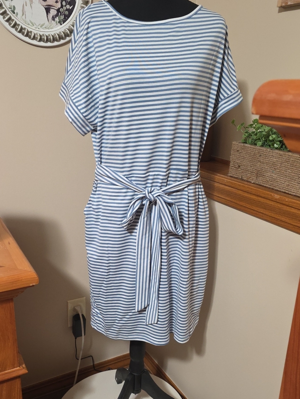Striped Blue and White Midi Dress with Tie Waist